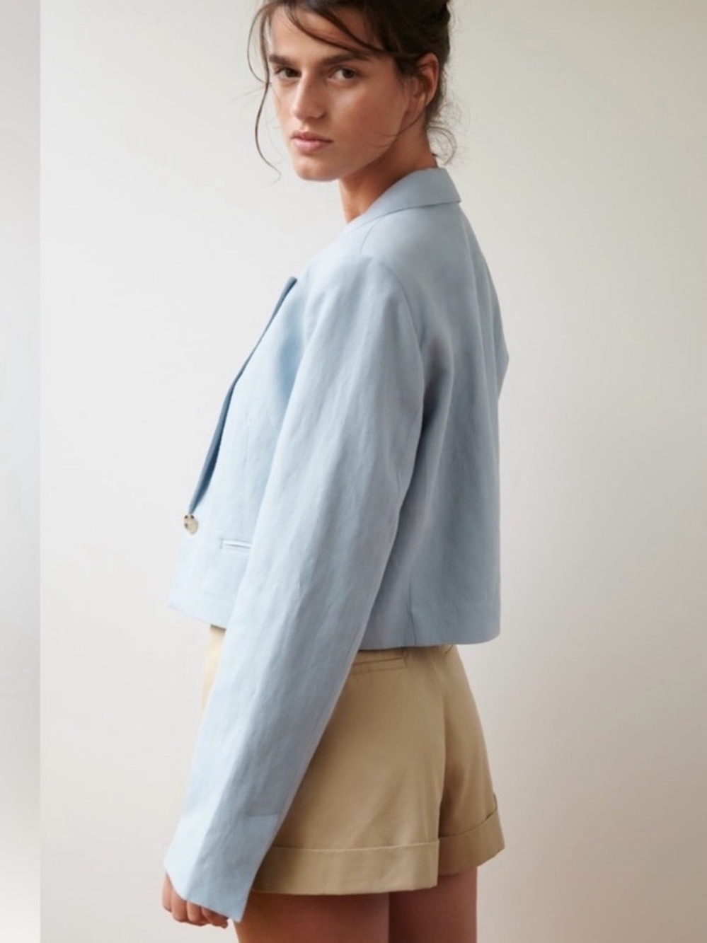 Zara Light Blue Linen Cropped Blazer - Picture 5 of 7